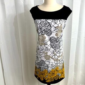 Signature by Sangria White Black and Yellow Sleeveless Sheath Dress, Size 16